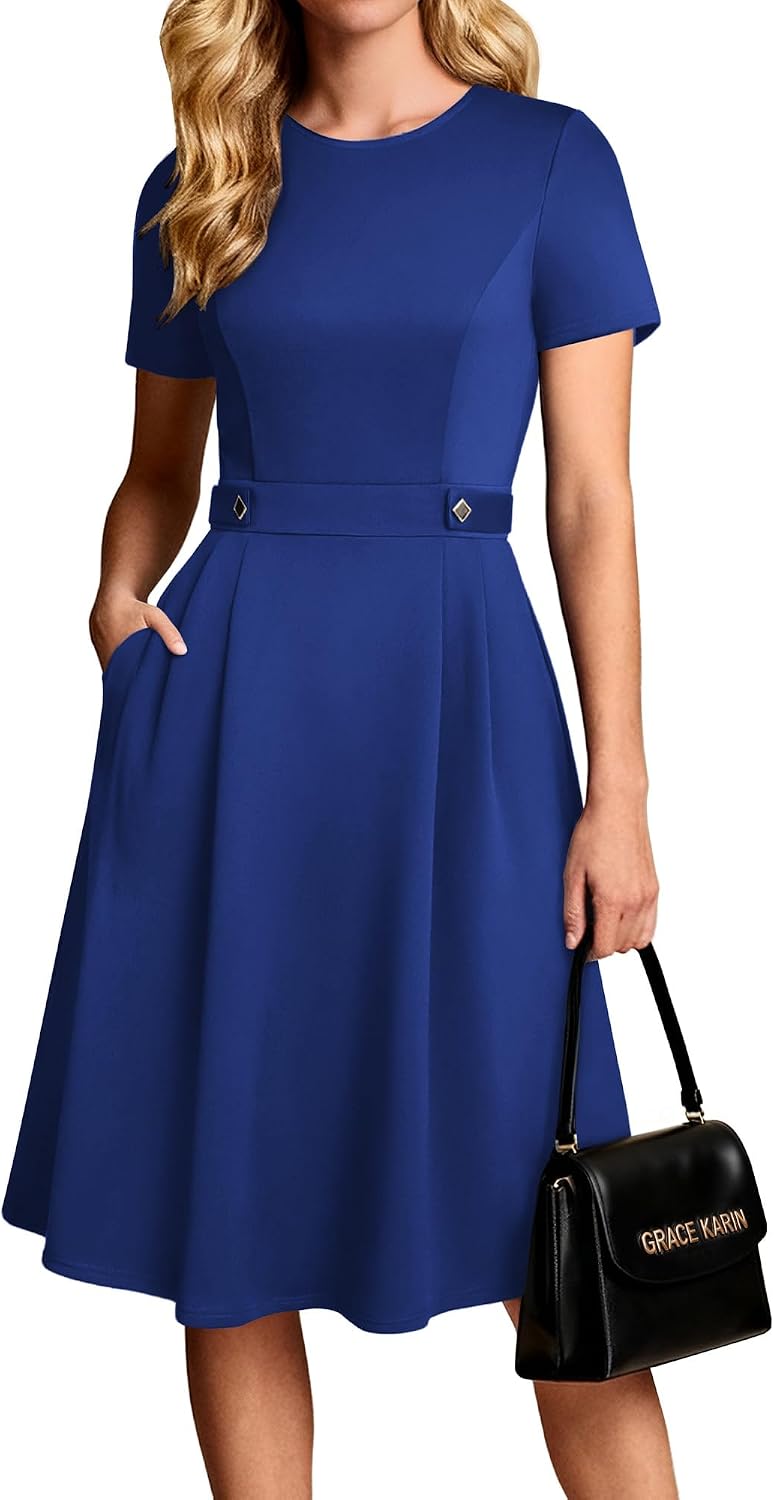 Women's Short Sleeve Midi Work Dress - Fit and Flare A-Line with Zipper Back and Pockets for Office and Church - Medium
