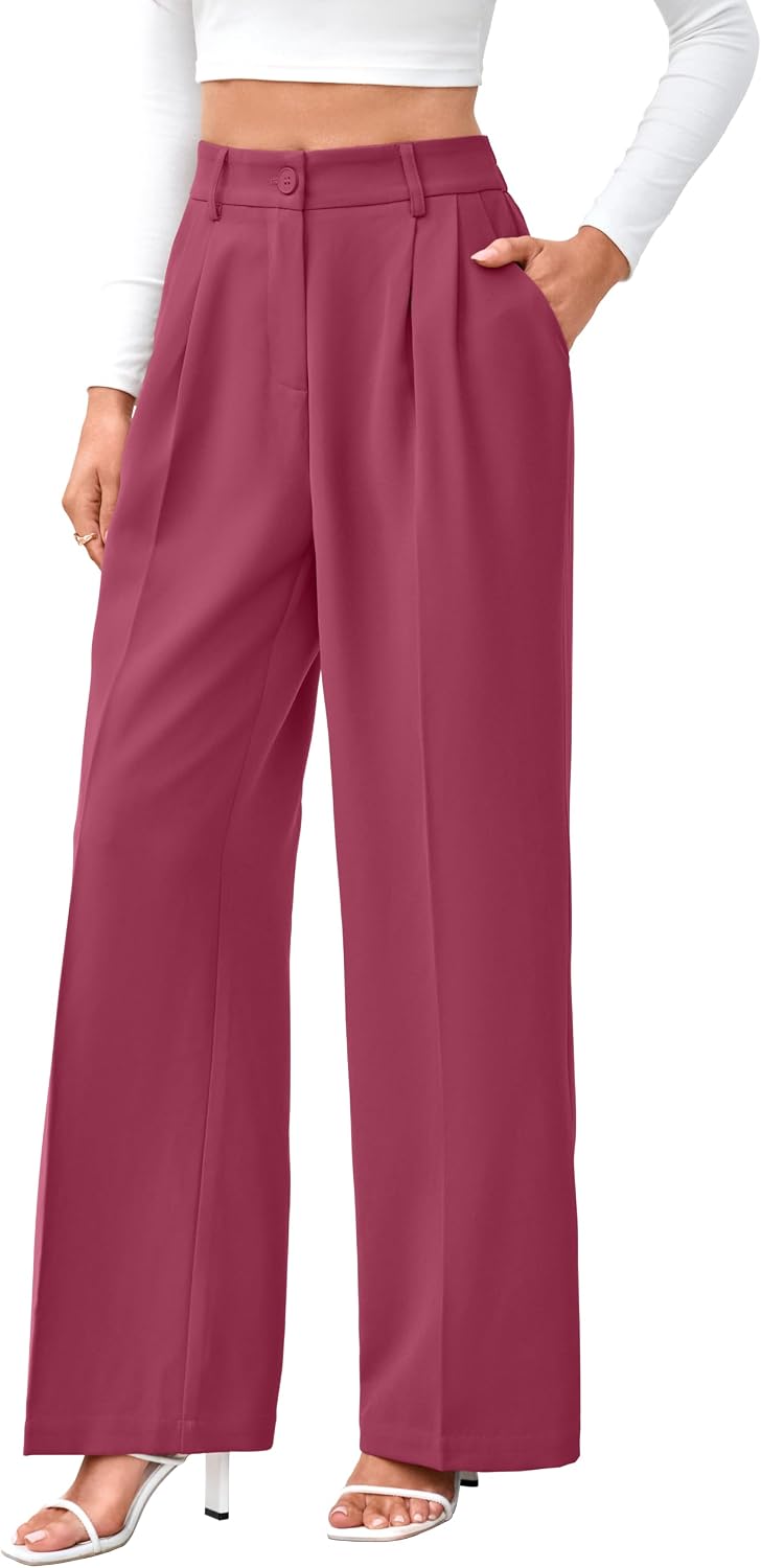 Women's High Waist Wide Leg Work Pants - Loose Office Slacks with Back Elastic Waistband for Business Casual - Large