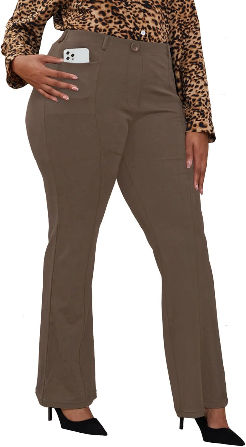 Women's Plus Size Pull On Dress Pants - Wrinkle Free Stretch Office Trousers in Petite, Regular and Long Fits - Long (14