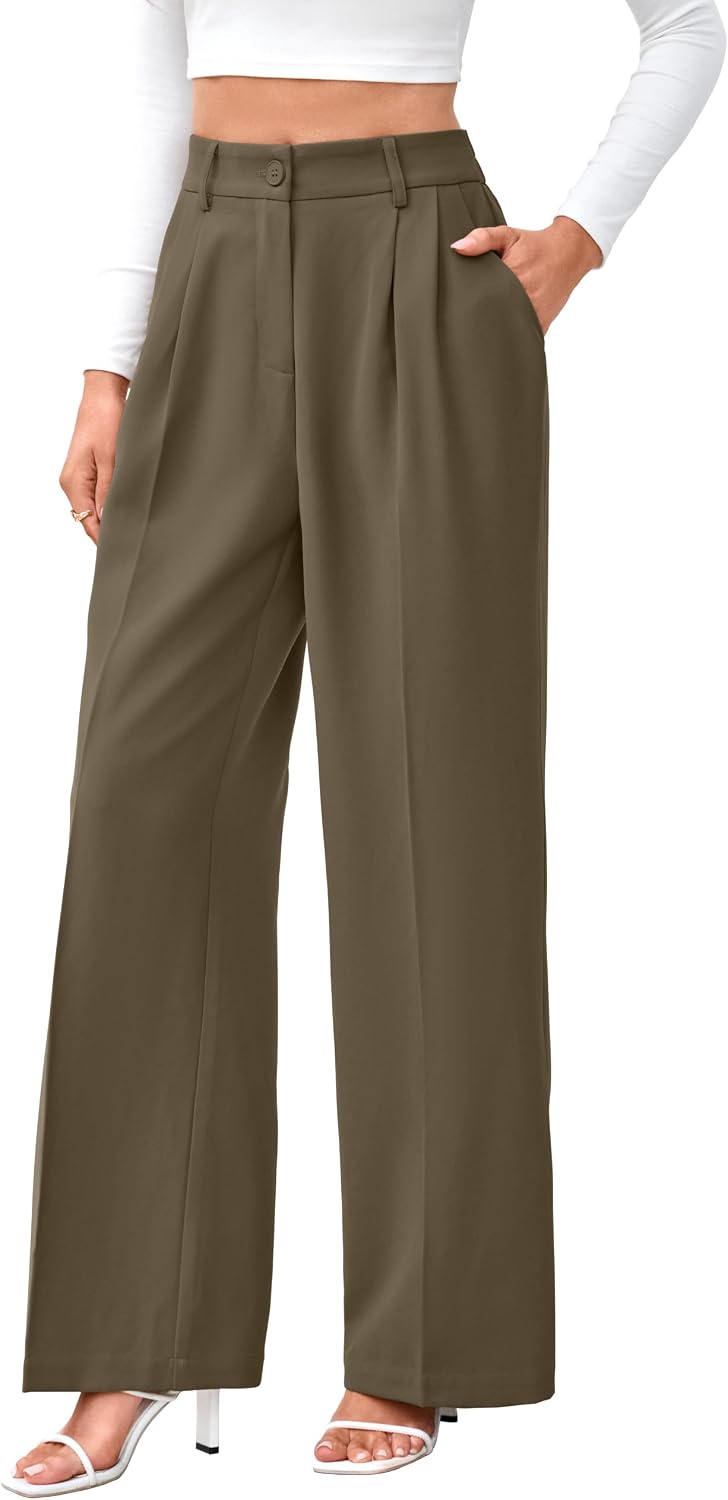 Women's High Waist Wide Leg Work Pants - Loose Office Slacks with Back Elastic Waistband for Business Casual - Large Lon