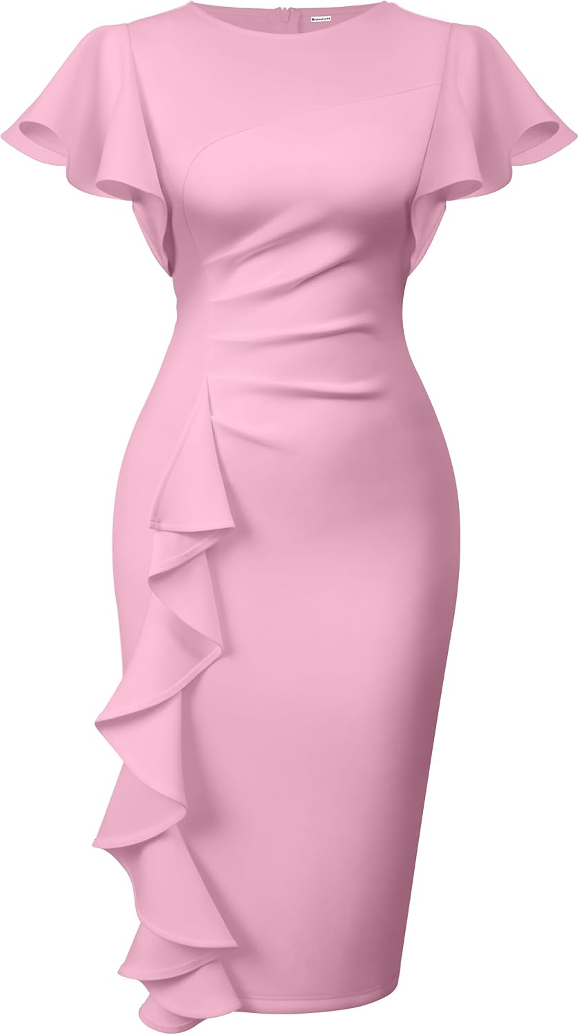 Women's Ruffle Sleeve Sheath Dress - Ruched Waist Midi with Back Zipper and Knee Length Hem for Office Wear - Medium