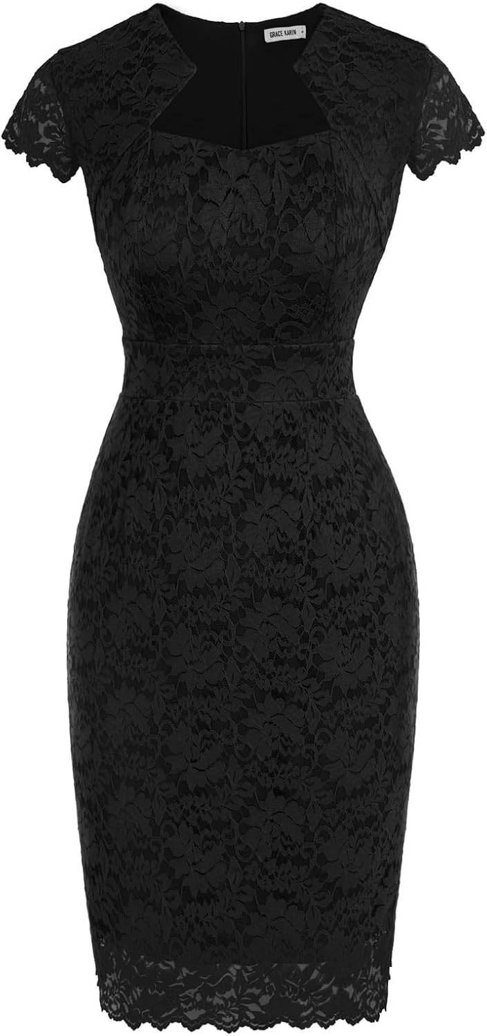 Women's Lace Cocktail Dress - Cap Sleeve Bodycon Pencil Dress for Weddings, Banquets and Semi Formal Evenings - Small