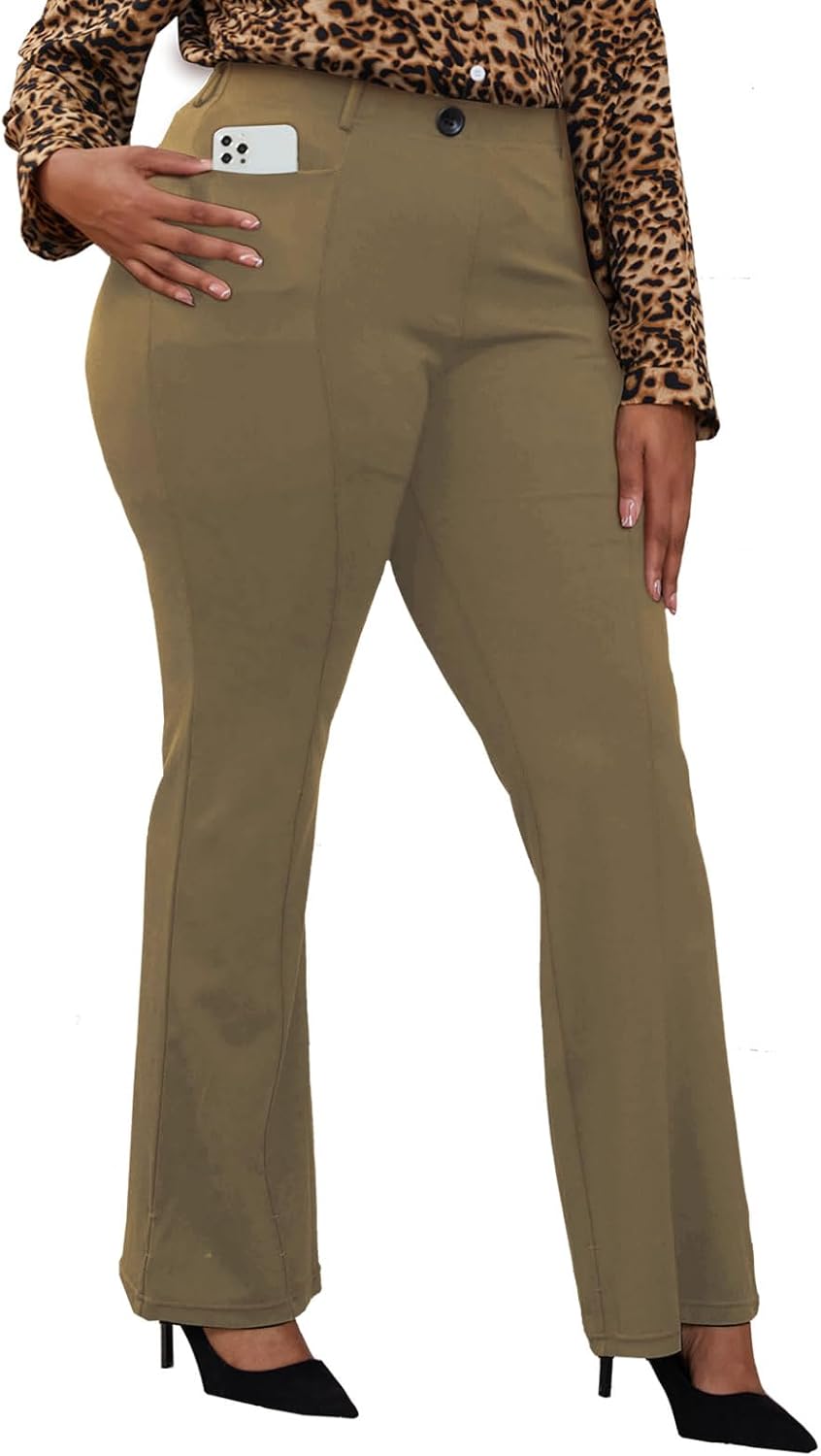 Women's Plus Size Pull On Dress Pants - Wrinkle Free Stretch Office Trousers in Petite, Regular and Long Fits - Long (15