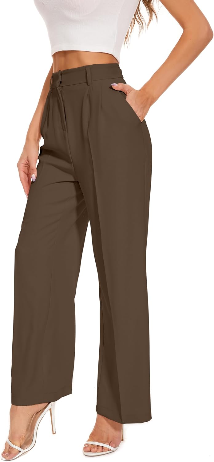 Women's High Waist Wide Leg Work Pants - Loose Office Slacks with Back Elastic Waistband for Business Casual - Large Sho