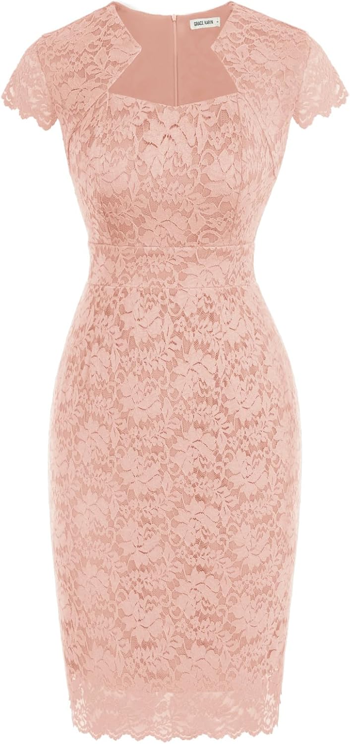 Women's Lace Cocktail Dress - Cap Sleeve Bodycon Pencil Dress for Weddings, Banquets and Semi Formal Evenings - Medium