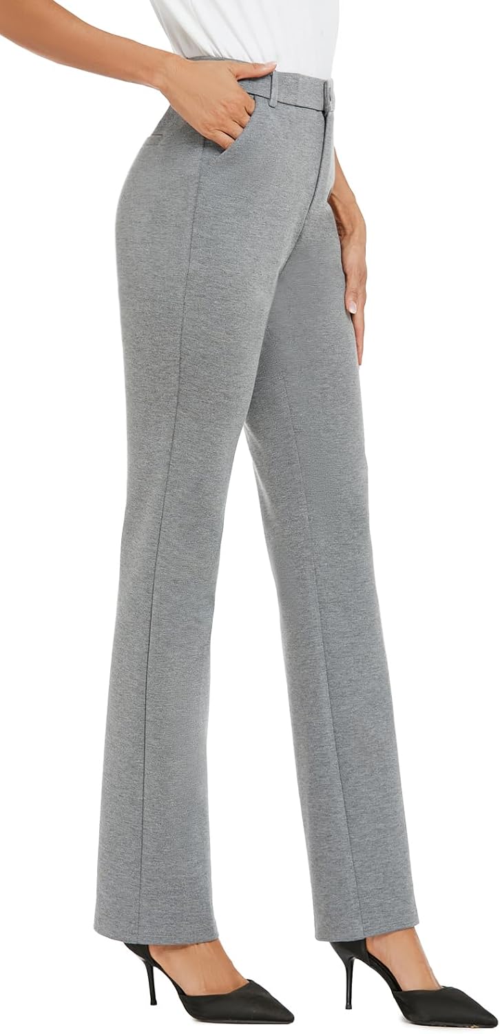 Women's Straight Leg Dress Pants - Stretch Office Slacks with Elastic Waistband, Belt Loops and Working Pockets - 4 Tall