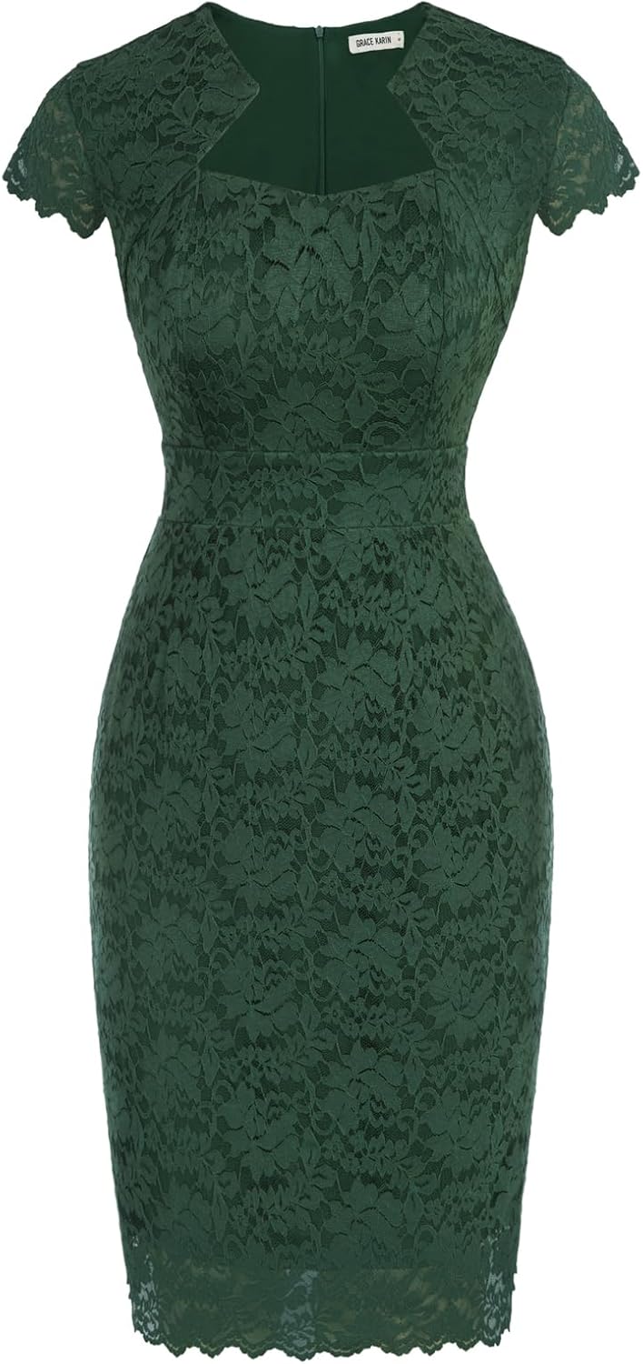 Women's Lace Cocktail Dress - Cap Sleeve Bodycon Pencil Dress for Weddings, Banquets and Semi Formal Evenings - Medium