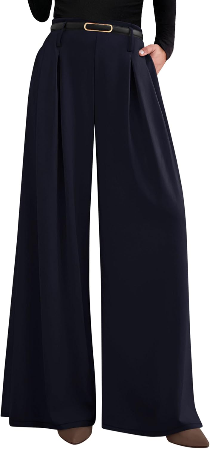 Women's Wide Leg Dress Pants - Pleated Front Palazzo Trousers with Elastic High Waist and Pockets for Work - Small