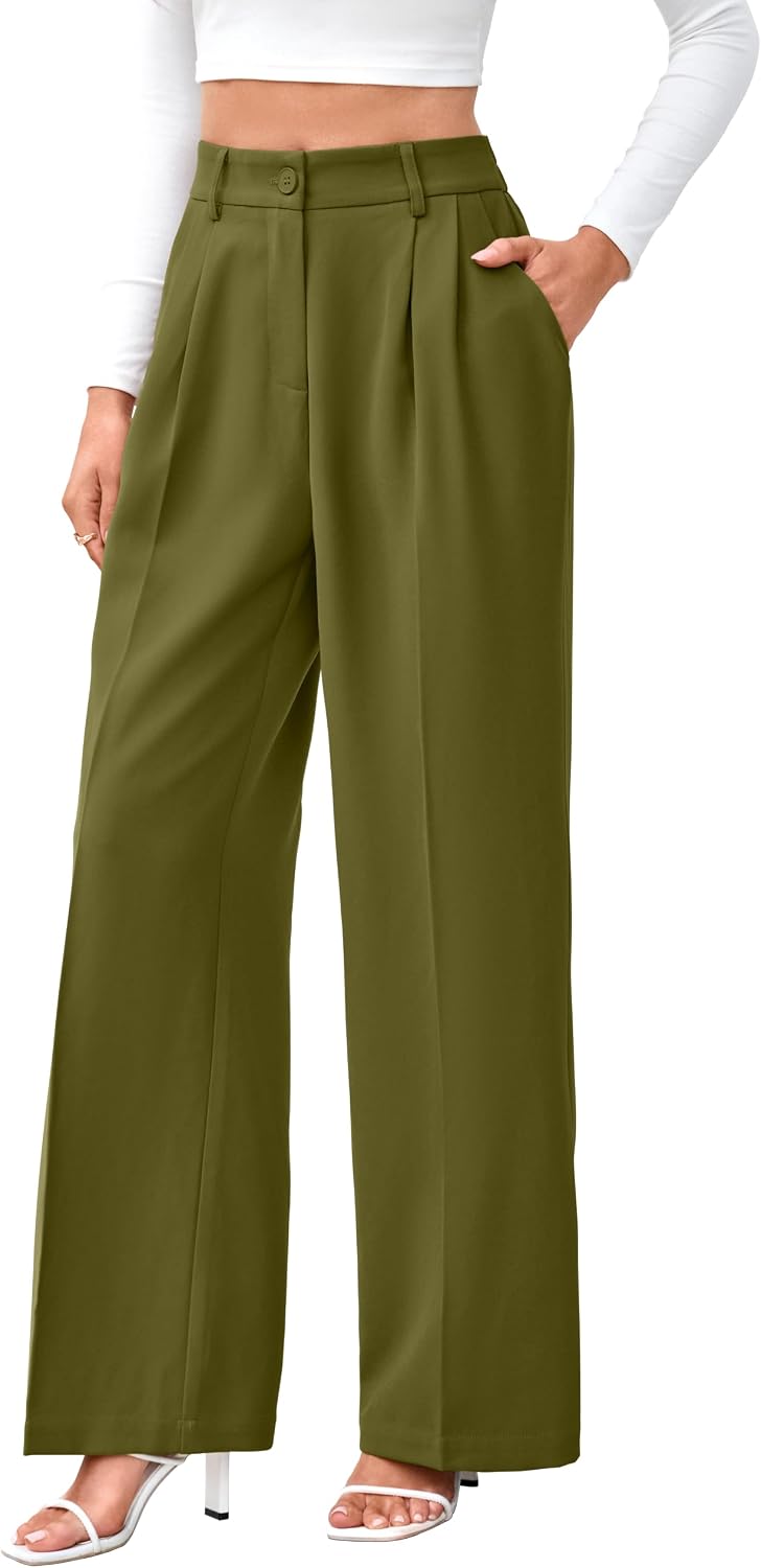 Women's High Waist Wide Leg Work Pants - Loose Office Slacks with Back Elastic Waistband for Business Casual - Small