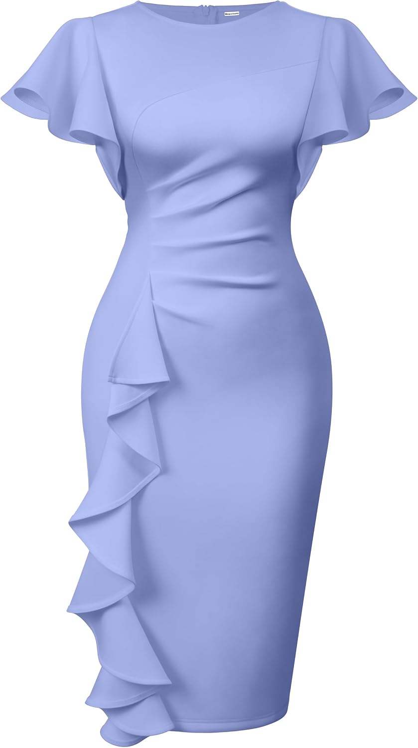 Women's Ruffle Sleeve Sheath Dress - Ruched Waist Midi with Back Zipper and Knee Length Hem for Office Wear - Small