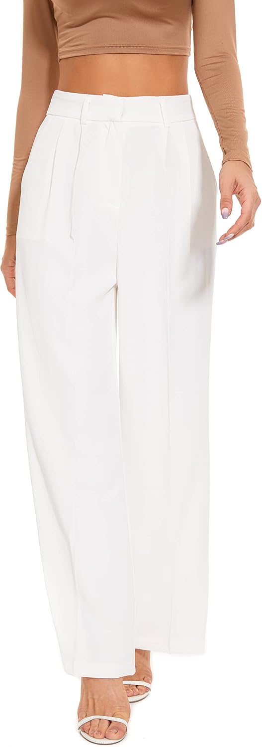 Women's High Waist Wide Leg Work Pants - Loose Office Slacks with Back Elastic Waistband for Business Casual - Small Lon