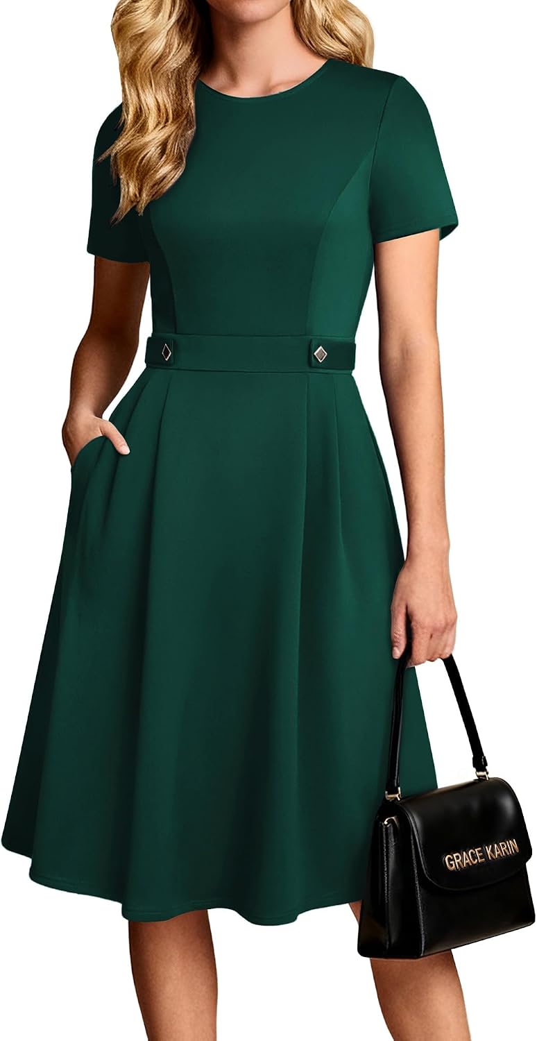 Women's Short Sleeve Midi Work Dress - Fit and Flare A-Line with Zipper Back and Pockets for Office and Church - Small