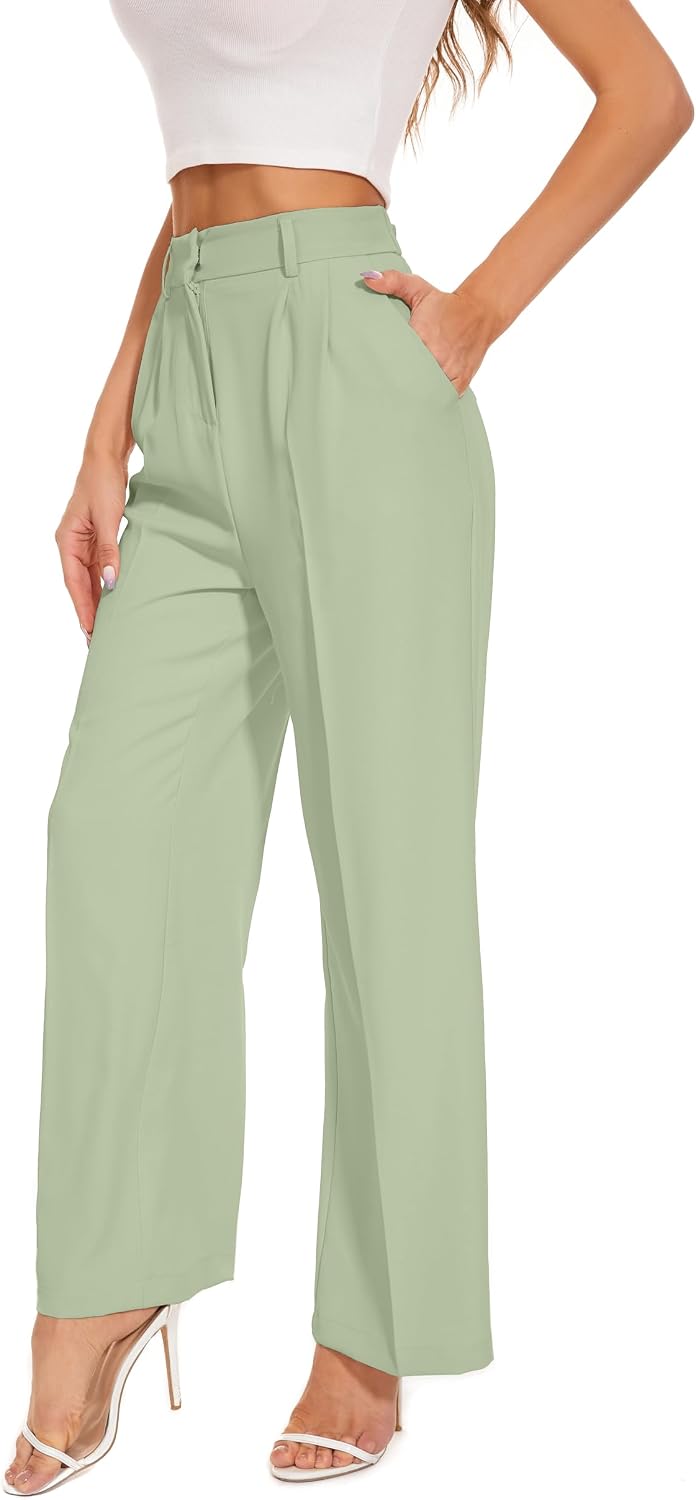 Women's High Waist Wide Leg Work Pants - Loose Office Slacks with Back Elastic Waistband for Business Casual - Small (54