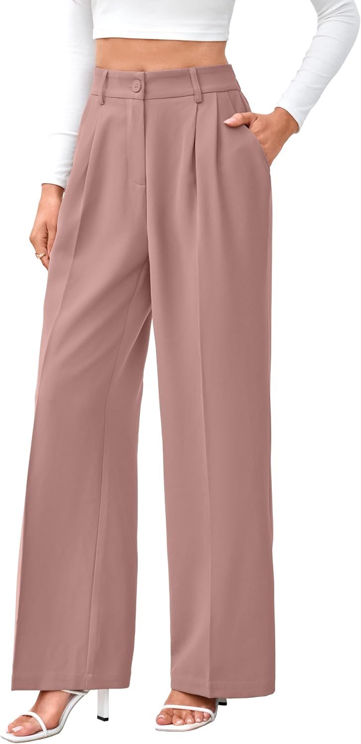 Women's High Waist Wide Leg Work Pants - Loose Office Slacks with Back Elastic Waistband for Business Casual - Small Sho