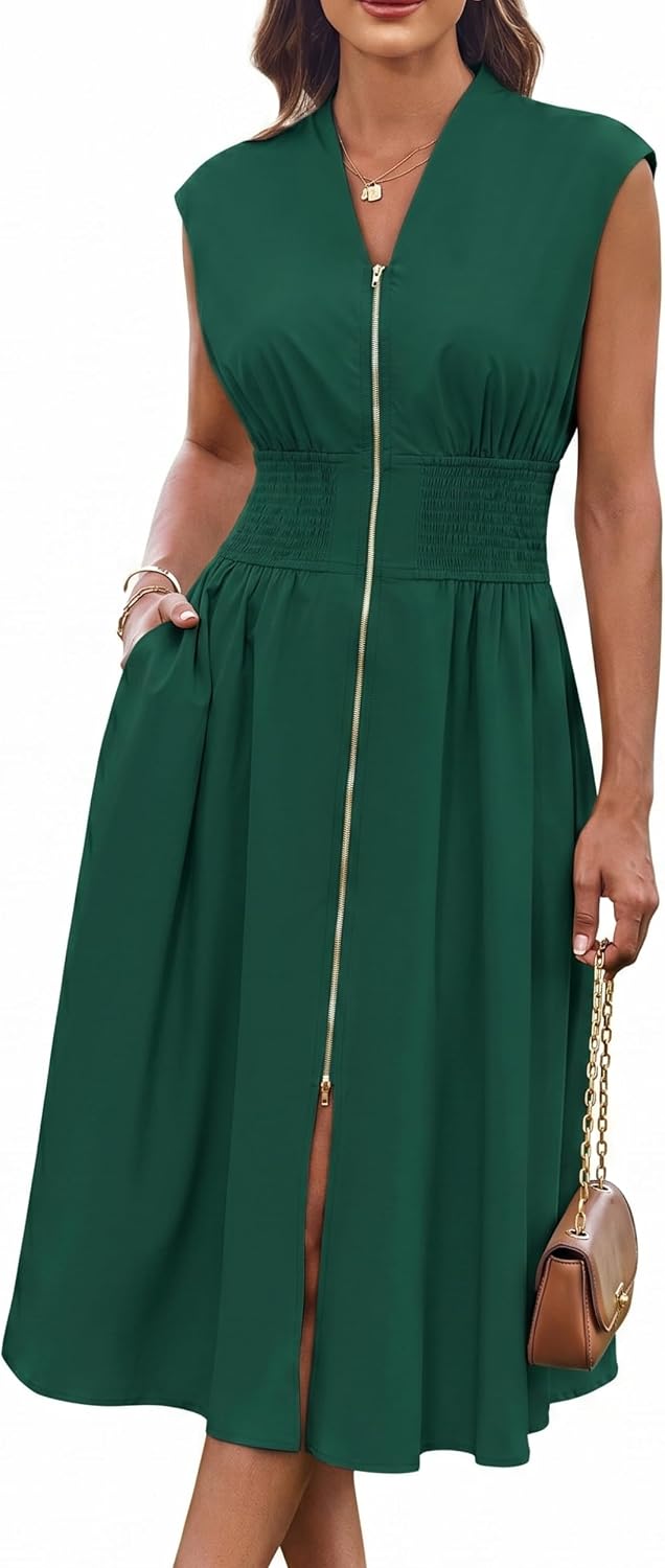 Women's Smocked Waist Work Dress - Cap Sleeve V Neck Midi with Front Zipper for Office and Summer Vacation Days - Black