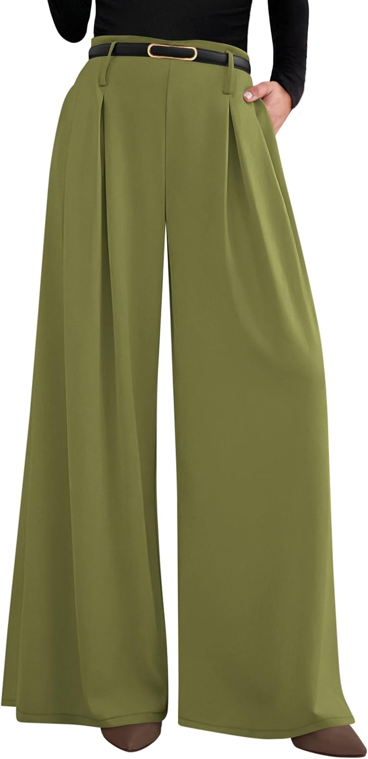 Women's Wide Leg Dress Pants - Pleated Front Palazzo Trousers with Elastic High Waist and Pockets for Work - Small
