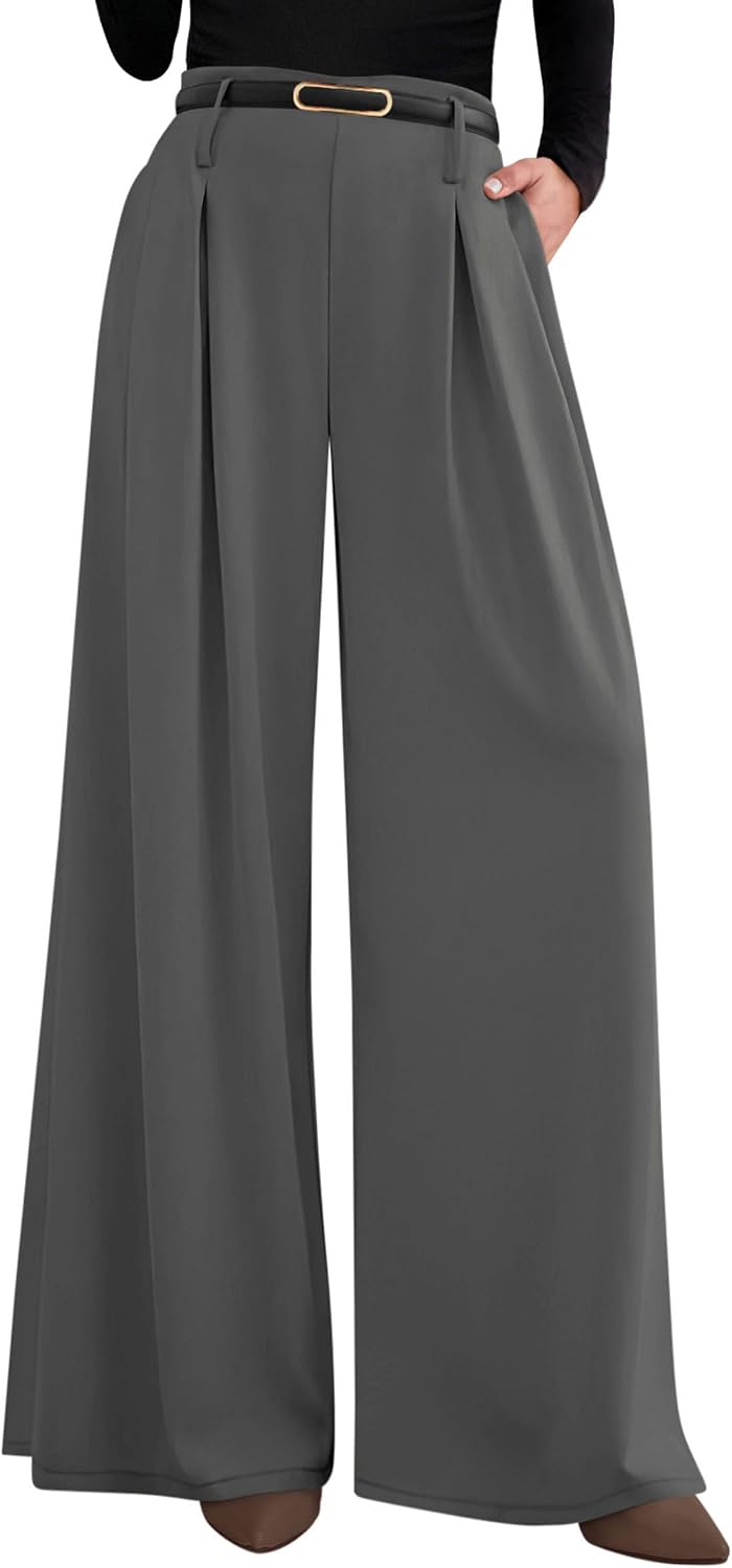 Women's Wide Leg Dress Pants - Pleated Front Palazzo Trousers with Elastic High Waist and Pockets for Work - Small Long