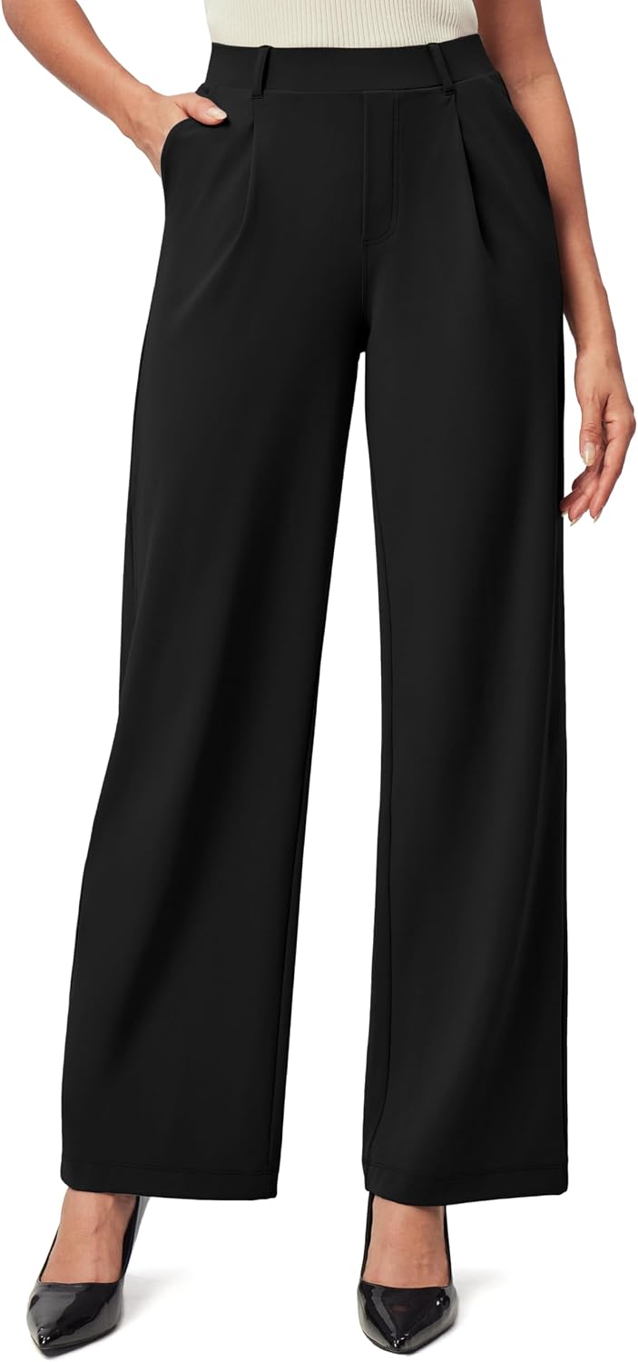 Women's Stretchy Wide Leg Work Pants - Pull On High Waisted Trousers for Teaching, Travel and Office Days - Small