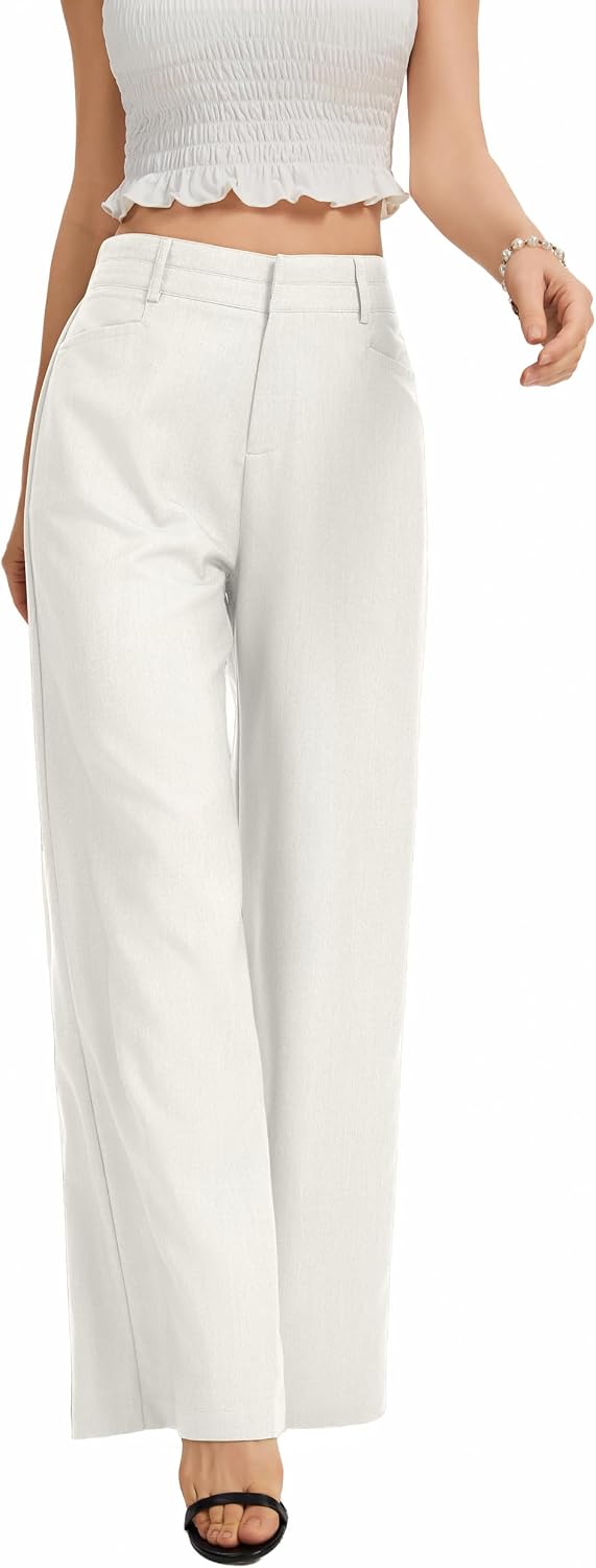 Women's High Waist Wide Leg Work Pants - Loose Office Slacks with Back Elastic Waistband for Business Casual - Large Sho