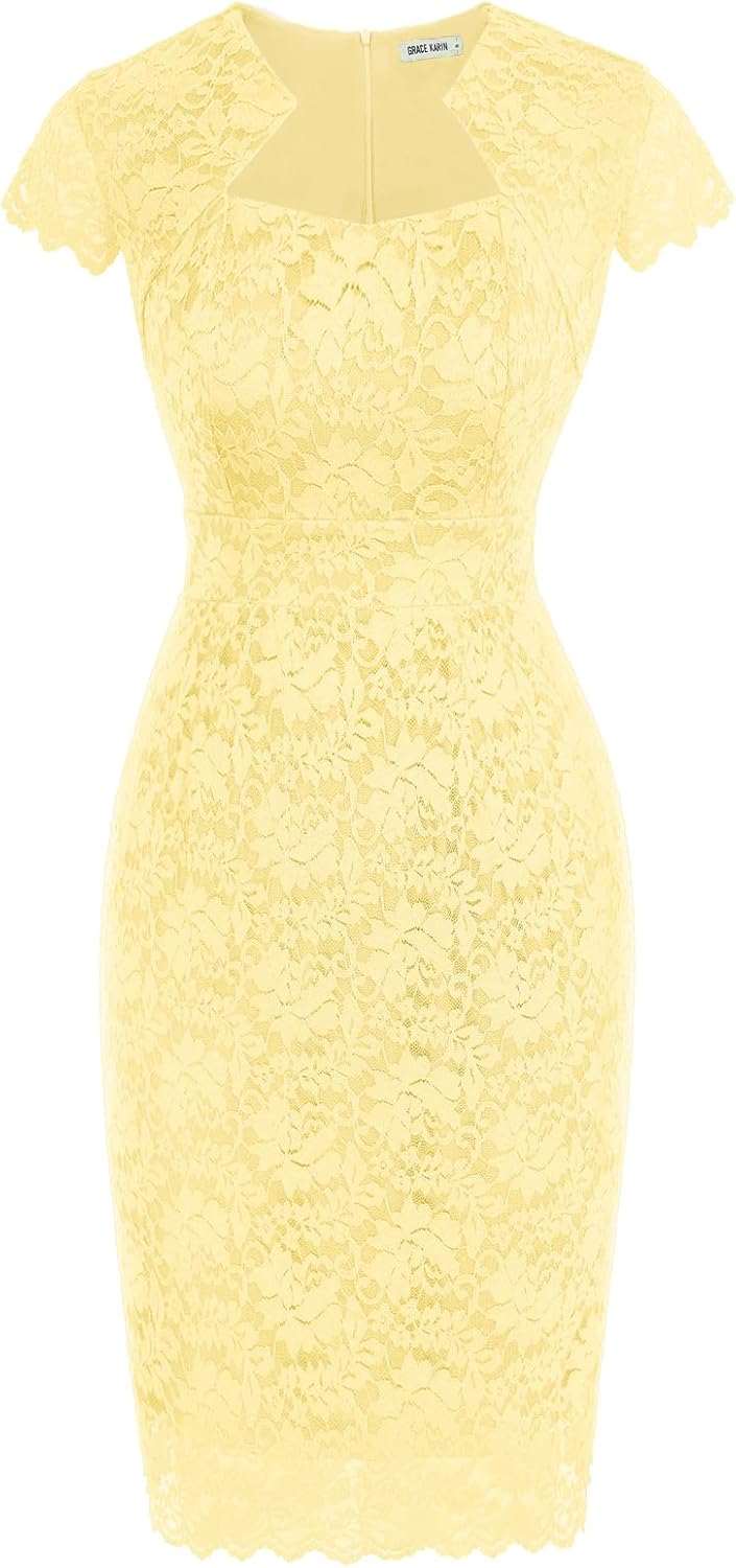 Women's Lace Cocktail Dress - Cap Sleeve Bodycon Pencil Dress for Weddings, Banquets and Semi Formal Evenings - Large