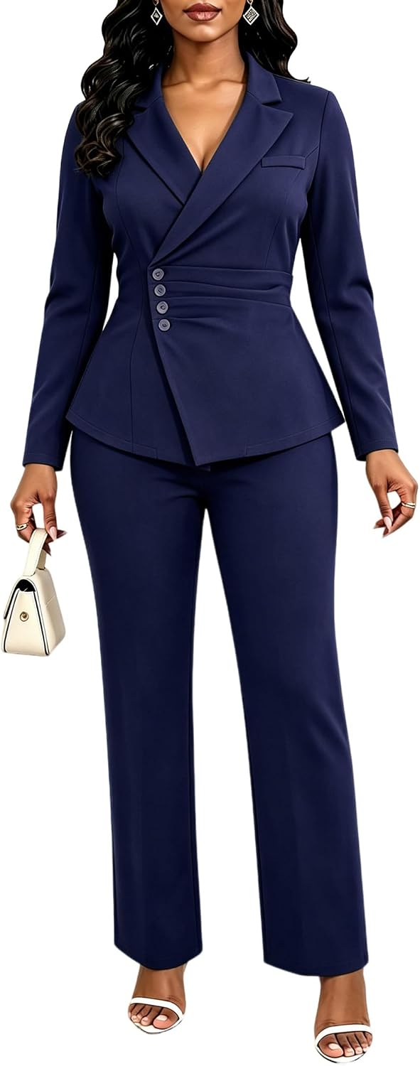 Women's Ruched Two Piece Pant Suit - Single Breasted Blazer, Back Belt and Matching Trousers for Business Wear - Small
