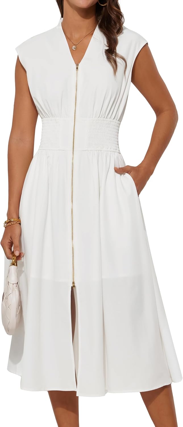 Women's Smocked Waist Work Dress - Cap Sleeve V Neck Midi with Front Zipper for Office and Summer Vacation Days - Army G
