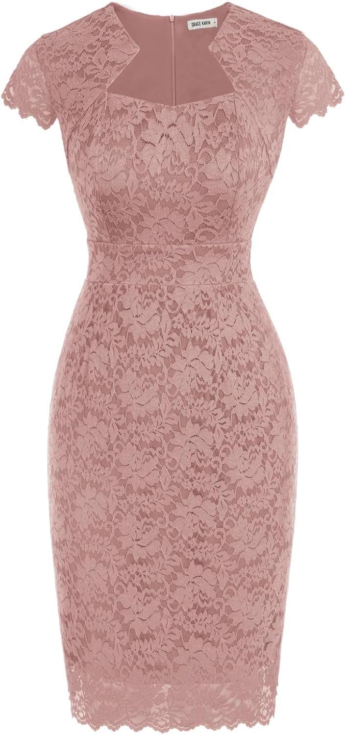 Women's Lace Cocktail Dress - Cap Sleeve Bodycon Pencil Dress for Weddings, Banquets and Semi Formal Evenings - Small