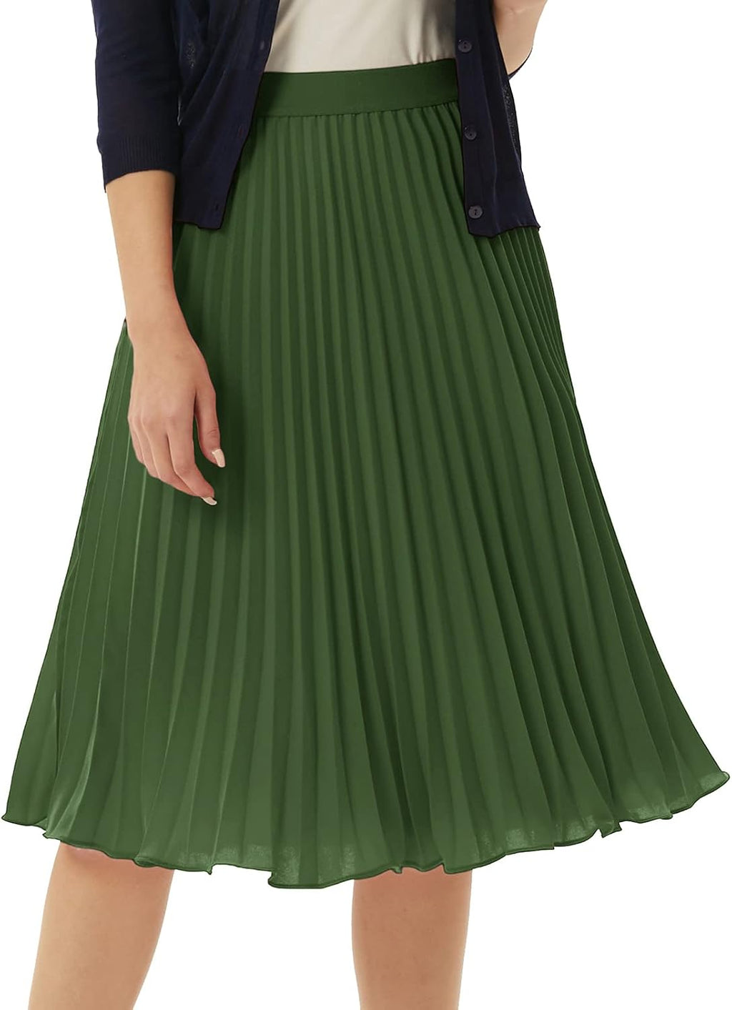 Women's Pleated Chiffon Midi Skirt - A-Line Flowy Swing Skirt with High Elastic Waist for Work and Party Wear - Large