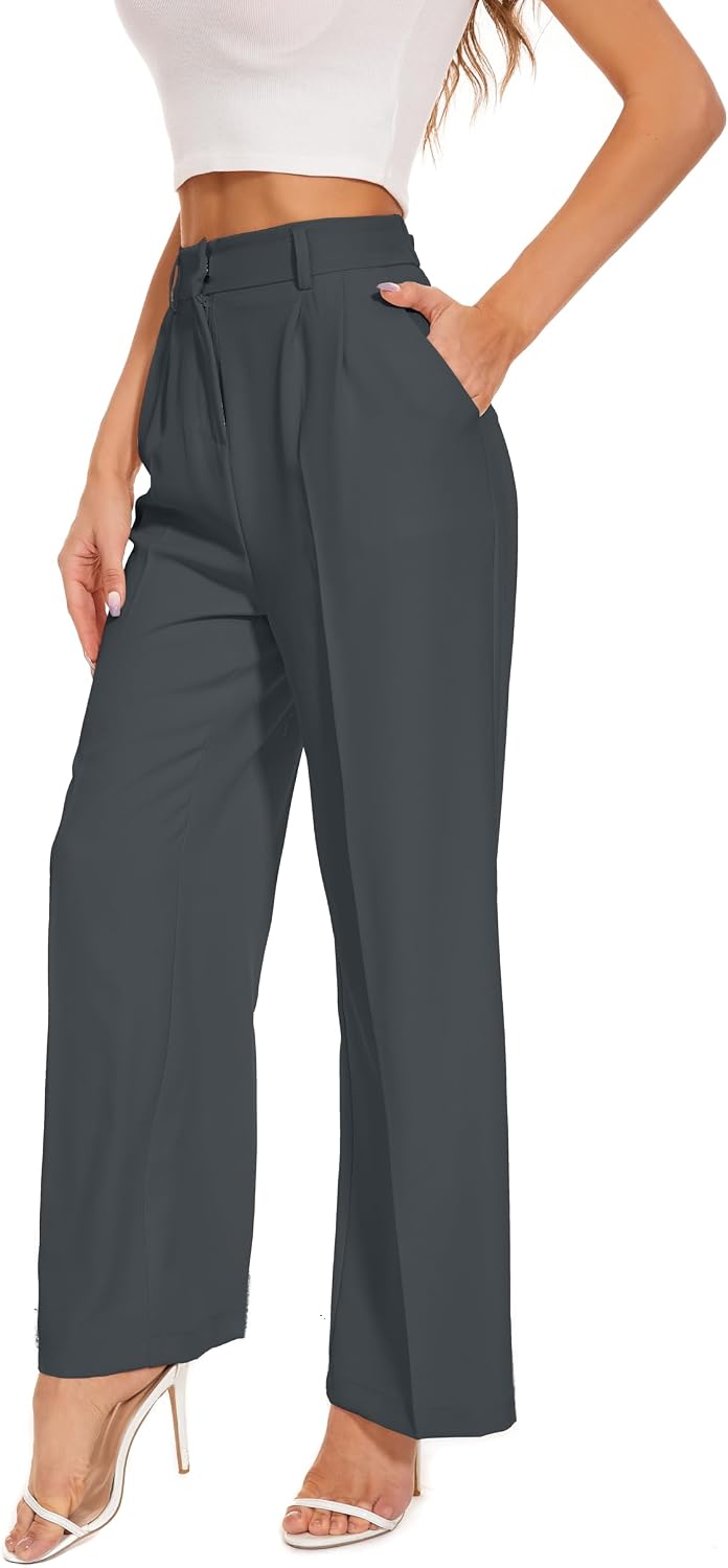 Women's High Waist Wide Leg Work Pants - Loose Office Slacks with Back Elastic Waistband for Business Casual - Small (51