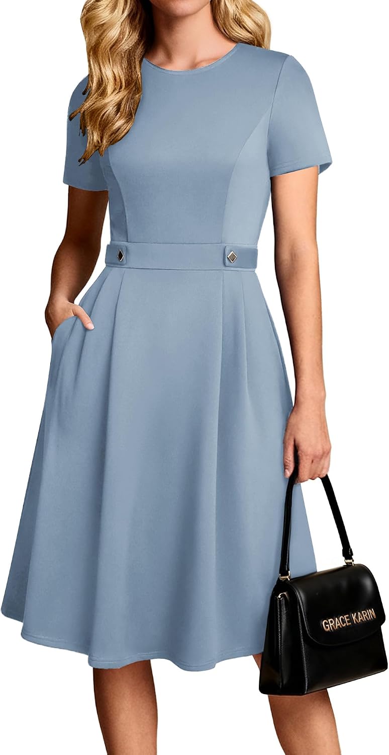 Women's Short Sleeve Midi Work Dress - Fit and Flare A-Line with Zipper Back and Pockets for Office and Church - Small