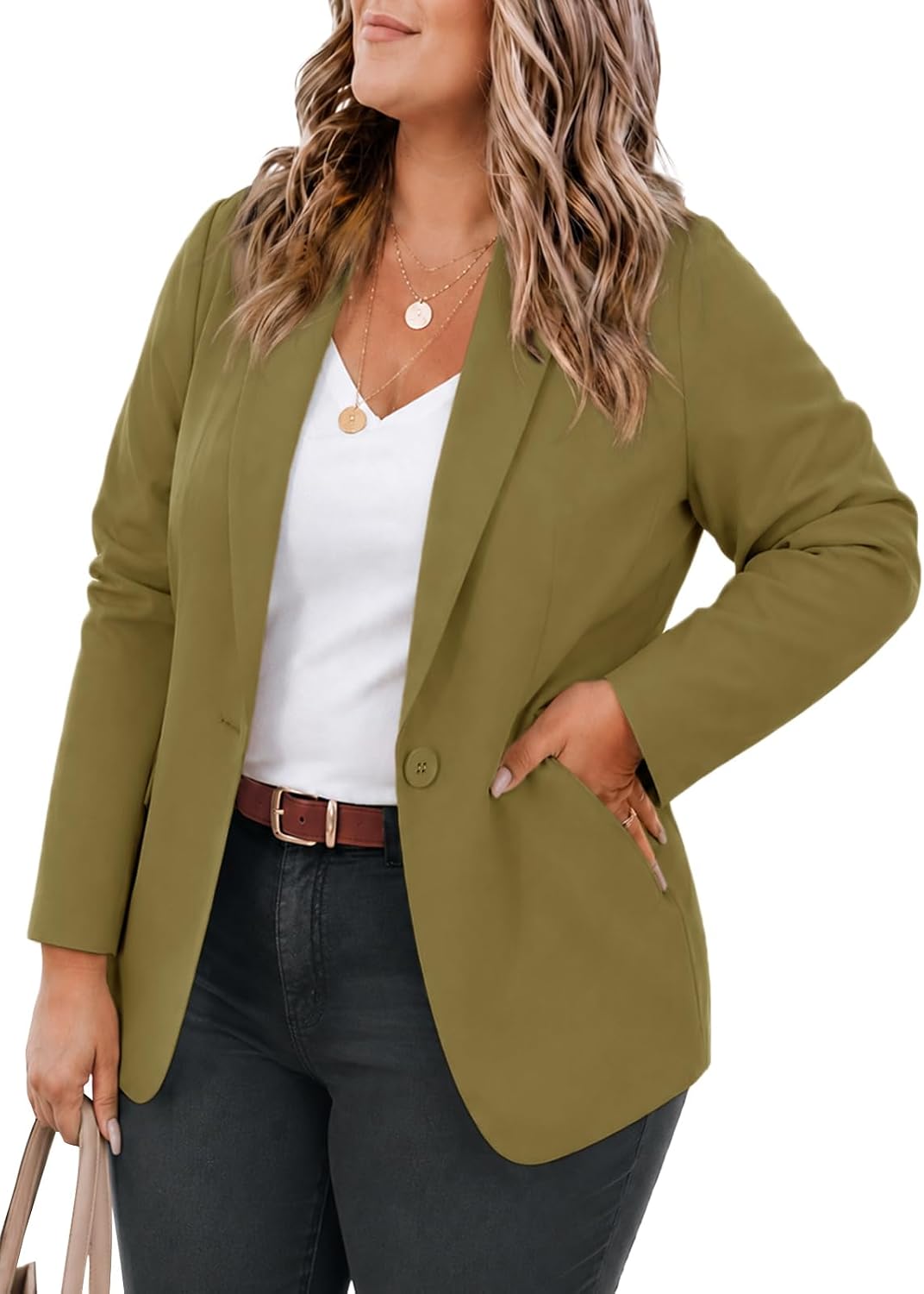 Women's Plus Size Lapel Blazer - Wrinkle Resistant Fabric, Single Button and Two Flap Pockets for Office Work - Large Pl