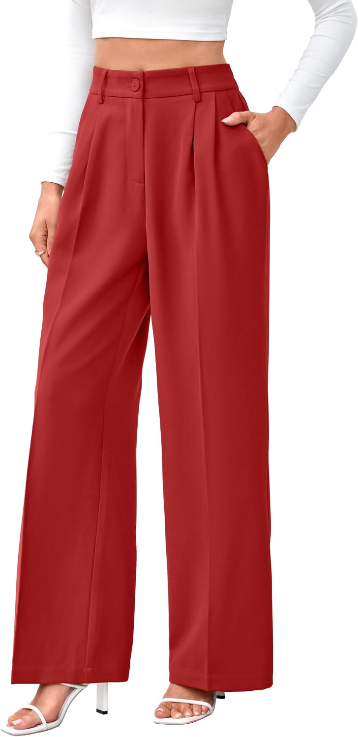 Women's High Waist Wide Leg Work Pants - Loose Office Slacks with Back Elastic Waistband for Business Casual - Large Lon
