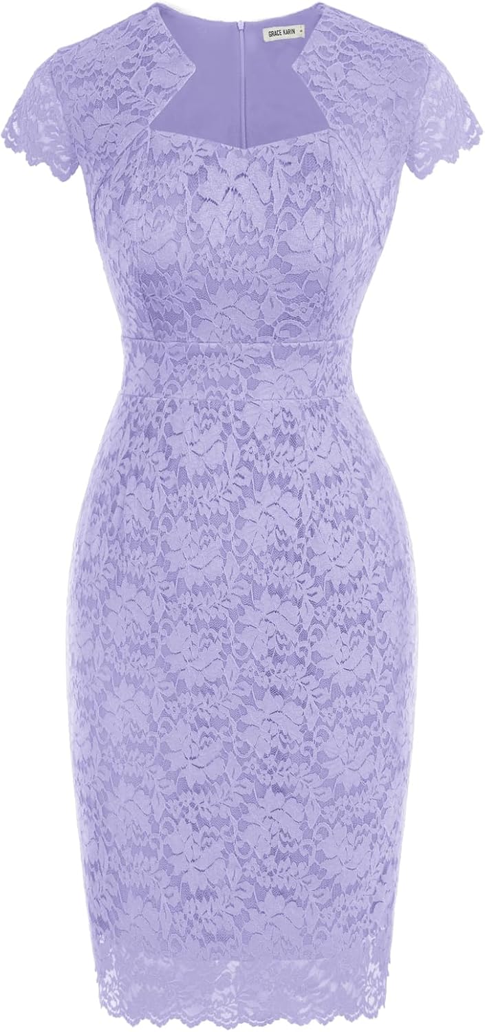 Women's Lace Cocktail Dress - Cap Sleeve Bodycon Pencil Dress for Weddings, Banquets and Semi Formal Evenings - Small