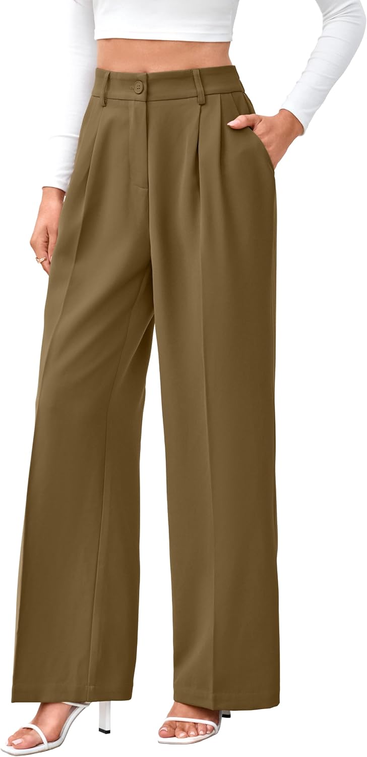 Women's High Waist Wide Leg Work Pants - Loose Office Slacks with Back Elastic Waistband for Business Casual - Small Sho