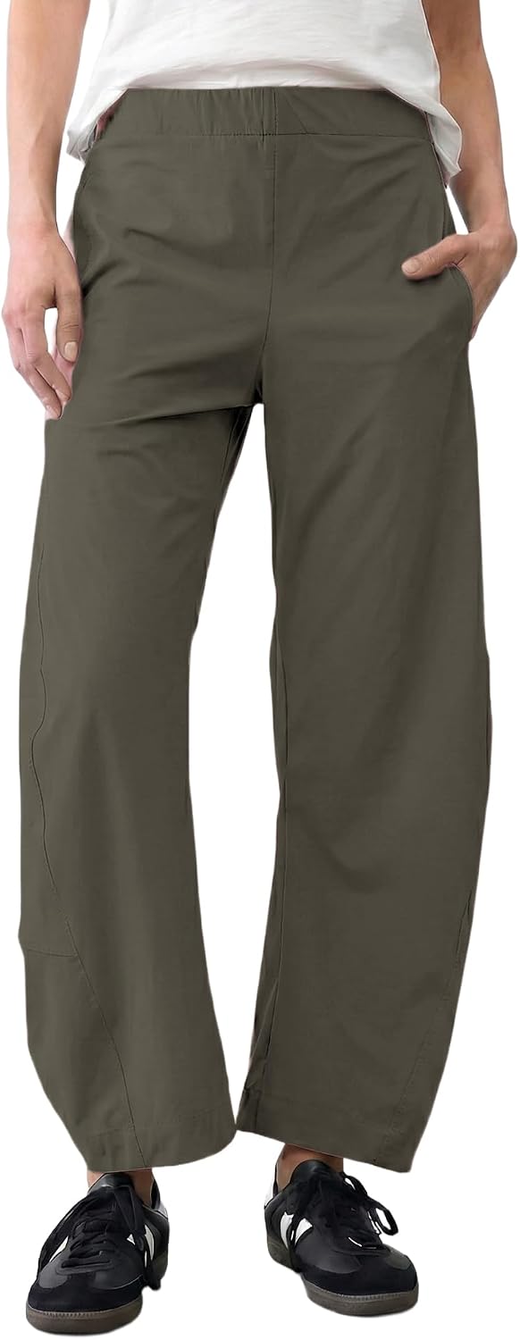 Women's Barrel Leg Ankle Pants - Loose Tapered Crop Trousers with Hidden Elastic Waist and Side Pockets - Small