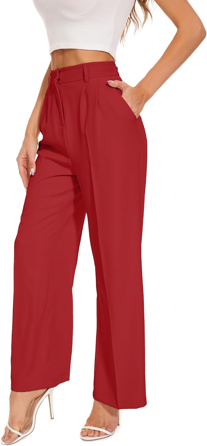 Women's High Waist Wide Leg Work Pants - Loose Office Slacks with Back Elastic Waistband for Business Casual - Small Sho