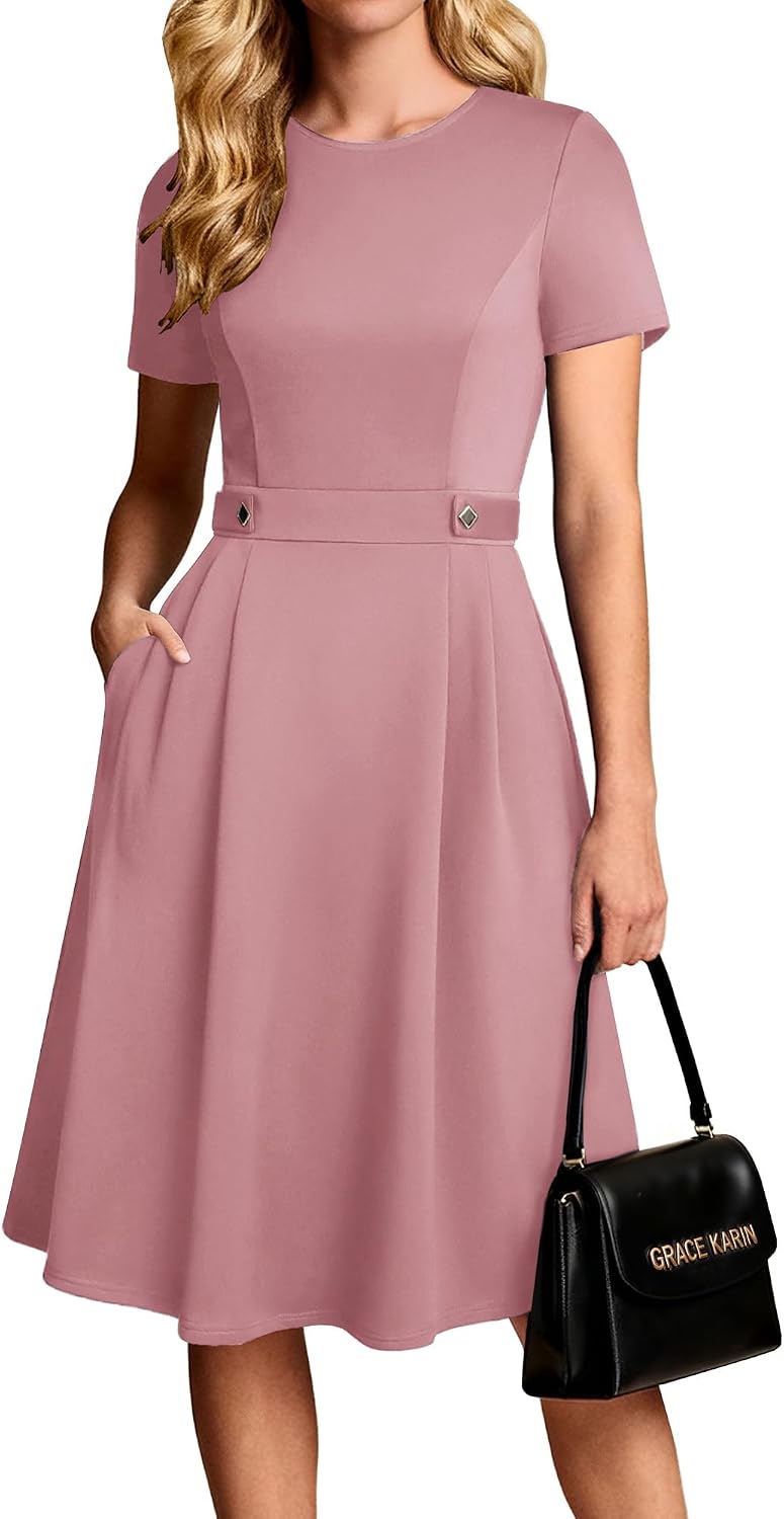 Women's Short Sleeve Midi Work Dress - Fit and Flare A-Line with Zipper Back and Pockets for Office and Church - Medium