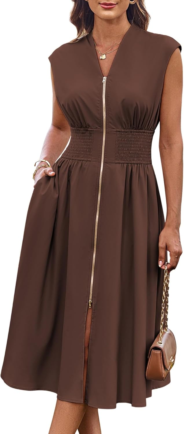 Women's Smocked Waist Work Dress - Cap Sleeve V Neck Midi with Front Zipper for Office and Summer Vacation Days - Aprico