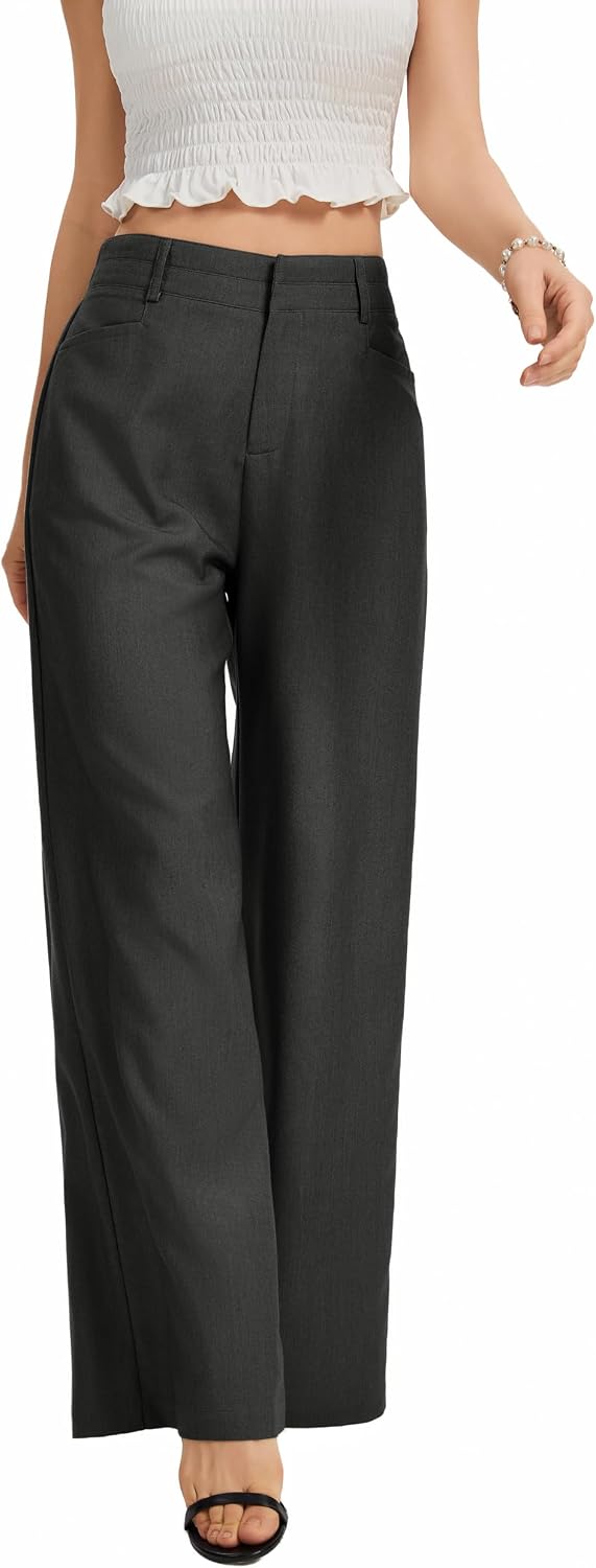 Women's High Waist Wide Leg Work Pants - Loose Office Slacks with Back Elastic Waistband for Business Casual - Large