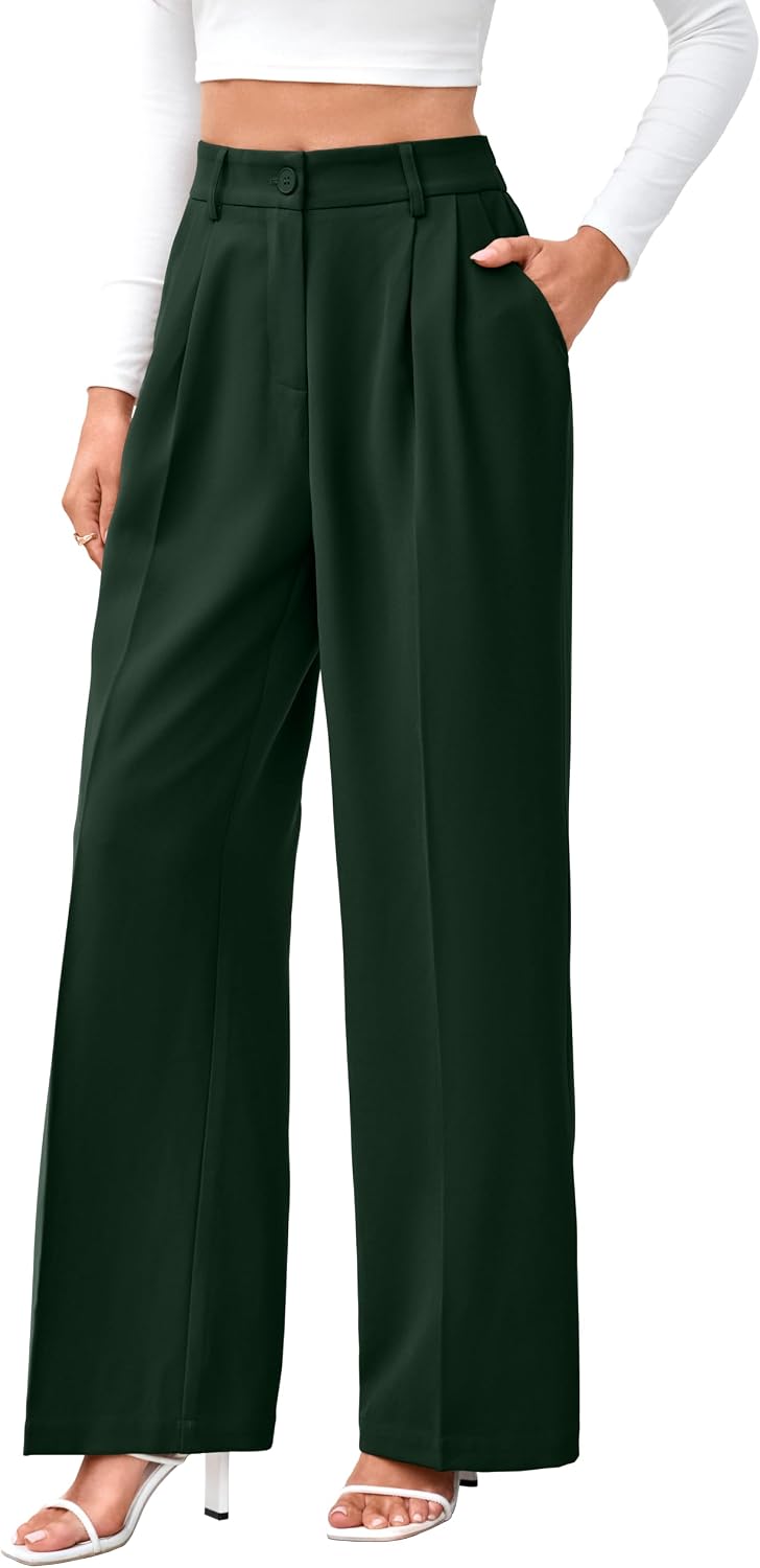 Women's High Waist Wide Leg Work Pants - Loose Office Slacks with Back Elastic Waistband for Business Casual - Small