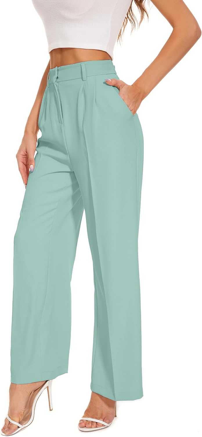 Women's High Waist Wide Leg Work Pants - Loose Office Slacks with Back Elastic Waistband for Business Casual - Medium
