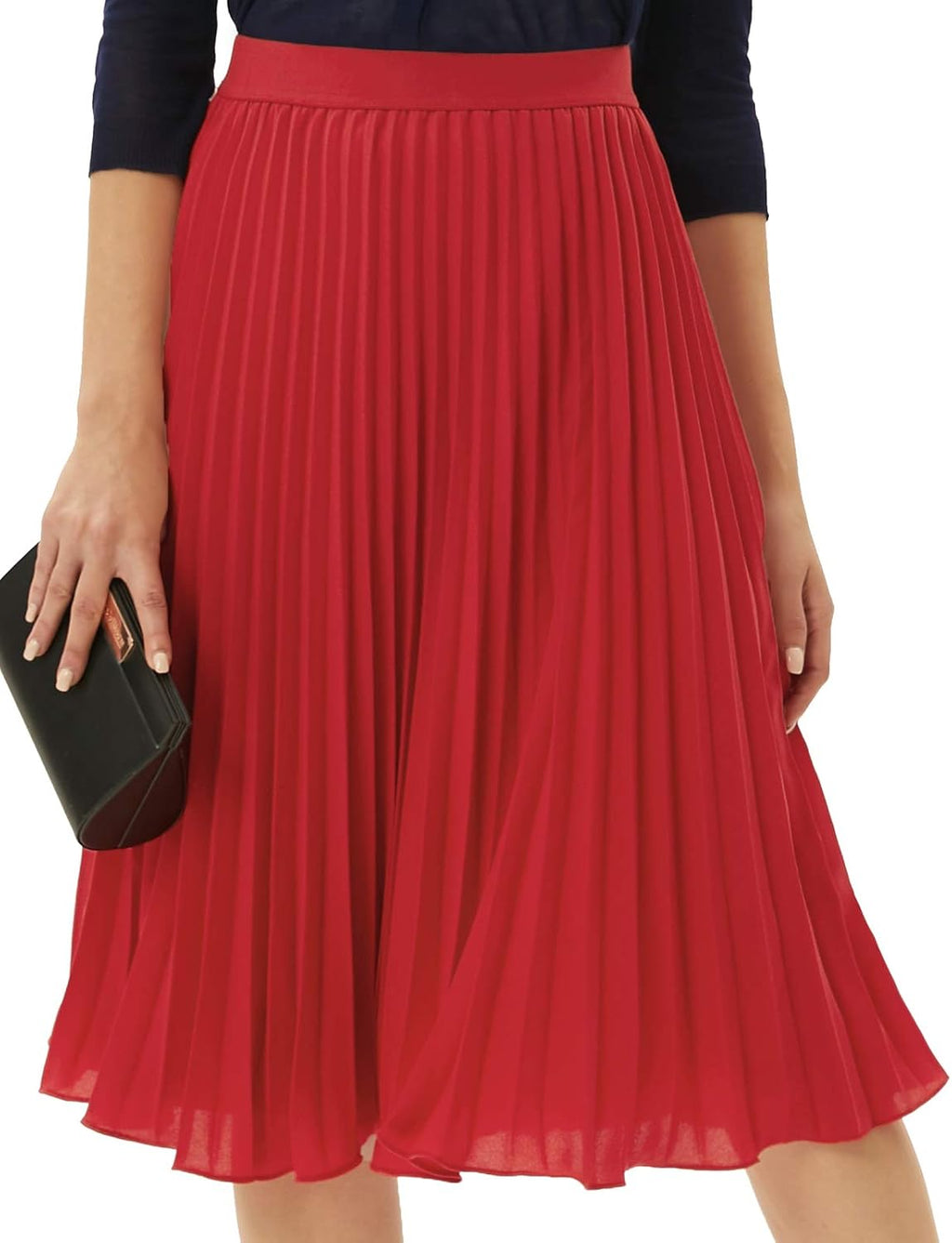 Women's Pleated Chiffon Midi Skirt - A-Line Flowy Swing Skirt with High Elastic Waist for Work and Party Wear - Small