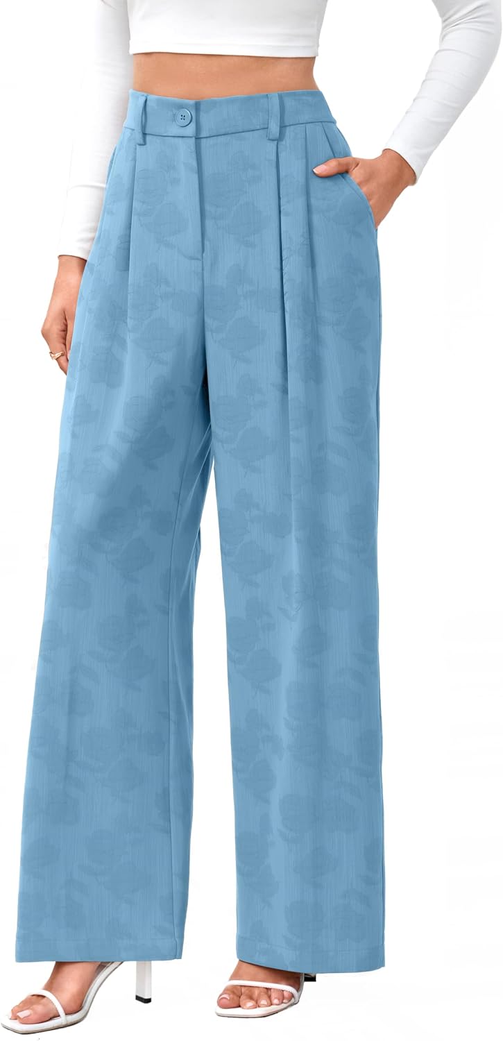 Women's High Waist Wide Leg Work Pants - Loose Office Slacks with Back Elastic Waistband for Business Casual - Large Lon