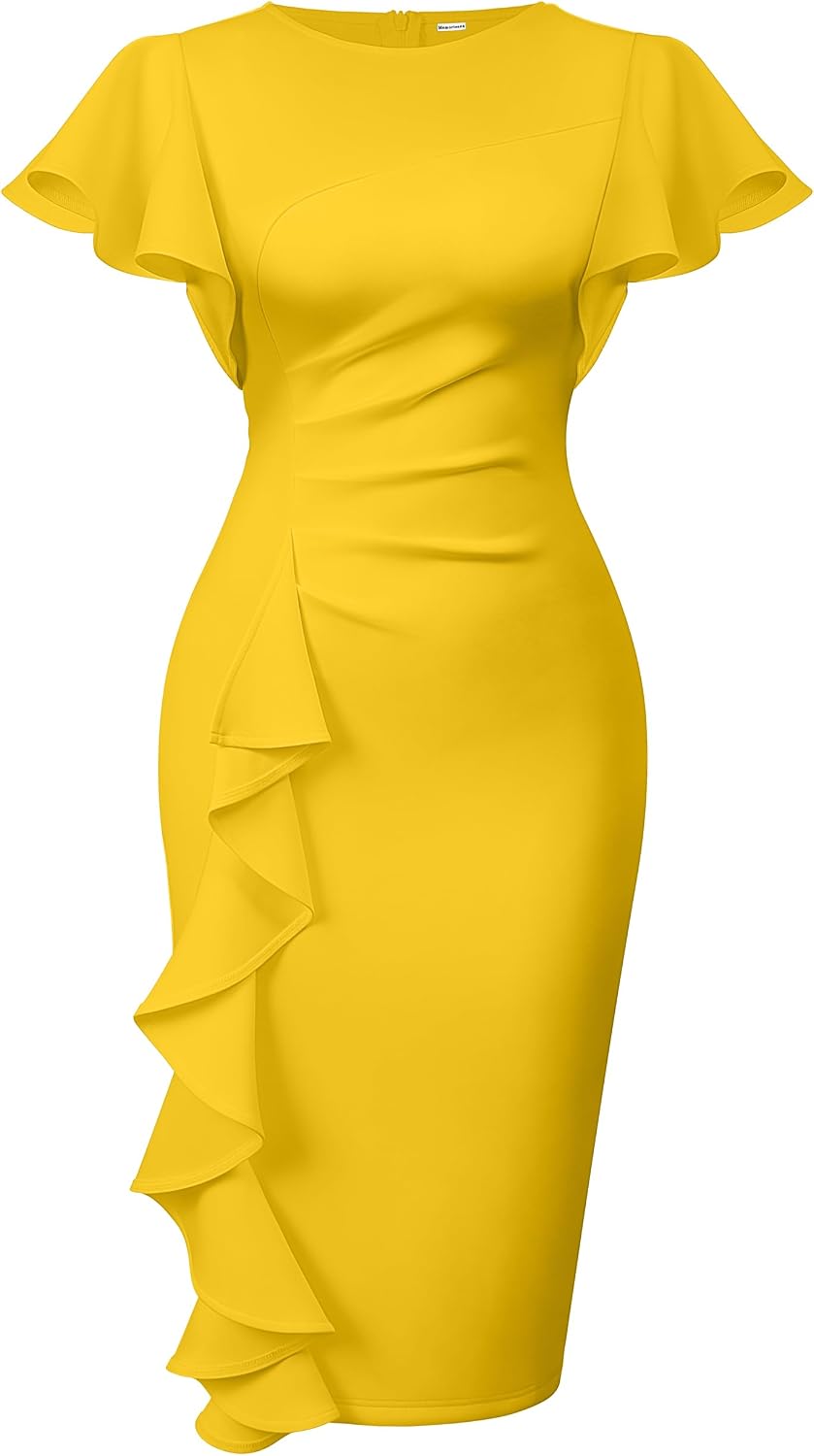 Women's Ruffle Sleeve Sheath Dress - Ruched Waist Midi with Back Zipper and Knee Length Hem for Office Wear - Medium