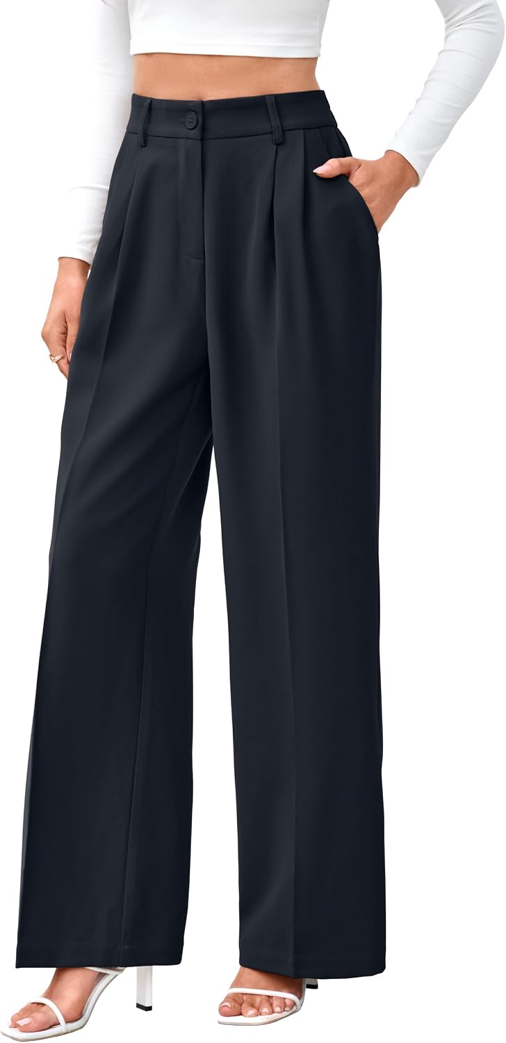 Women's High Waist Wide Leg Work Pants - Loose Office Slacks with Back Elastic Waistband for Business Casual - Large Sho