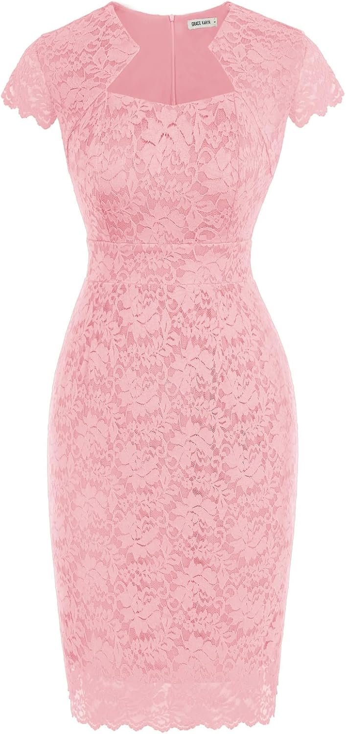 Women's Lace Cocktail Dress - Cap Sleeve Bodycon Pencil Dress for Weddings, Banquets and Semi Formal Evenings - Medium