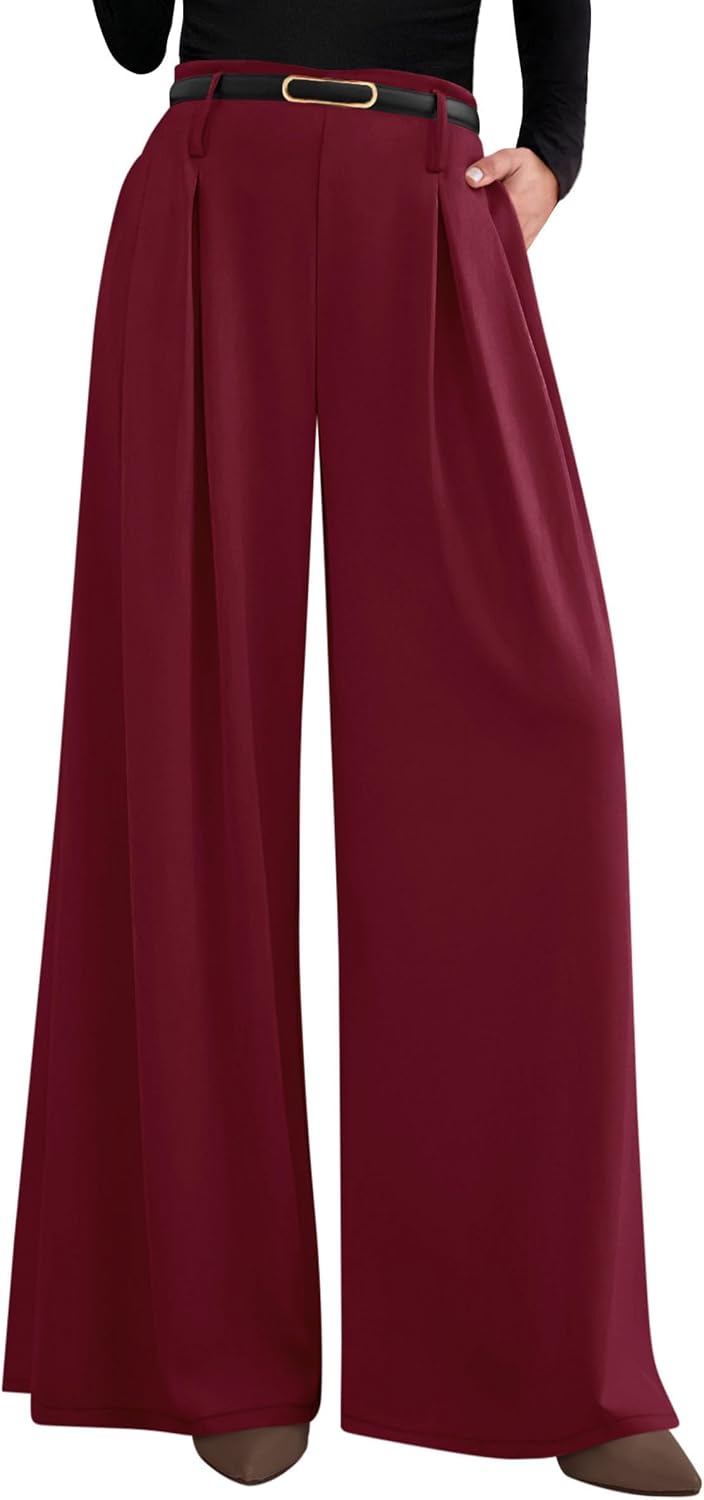 Women's Wide Leg Dress Pants - Pleated Front Palazzo Trousers with Elastic High Waist and Pockets for Work - Small