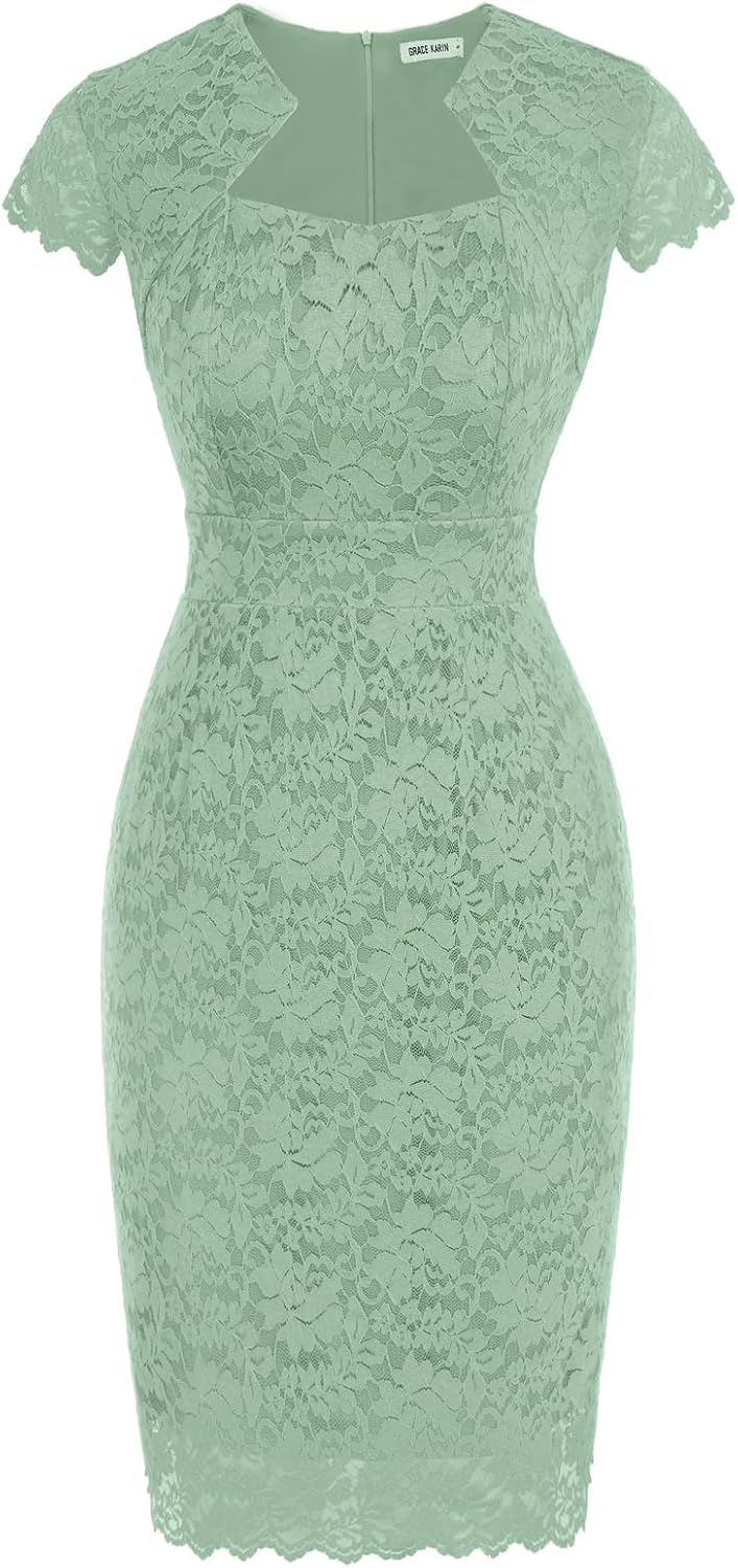 Women's Lace Cocktail Dress - Cap Sleeve Bodycon Pencil Dress for Weddings, Banquets and Semi Formal Evenings - Small