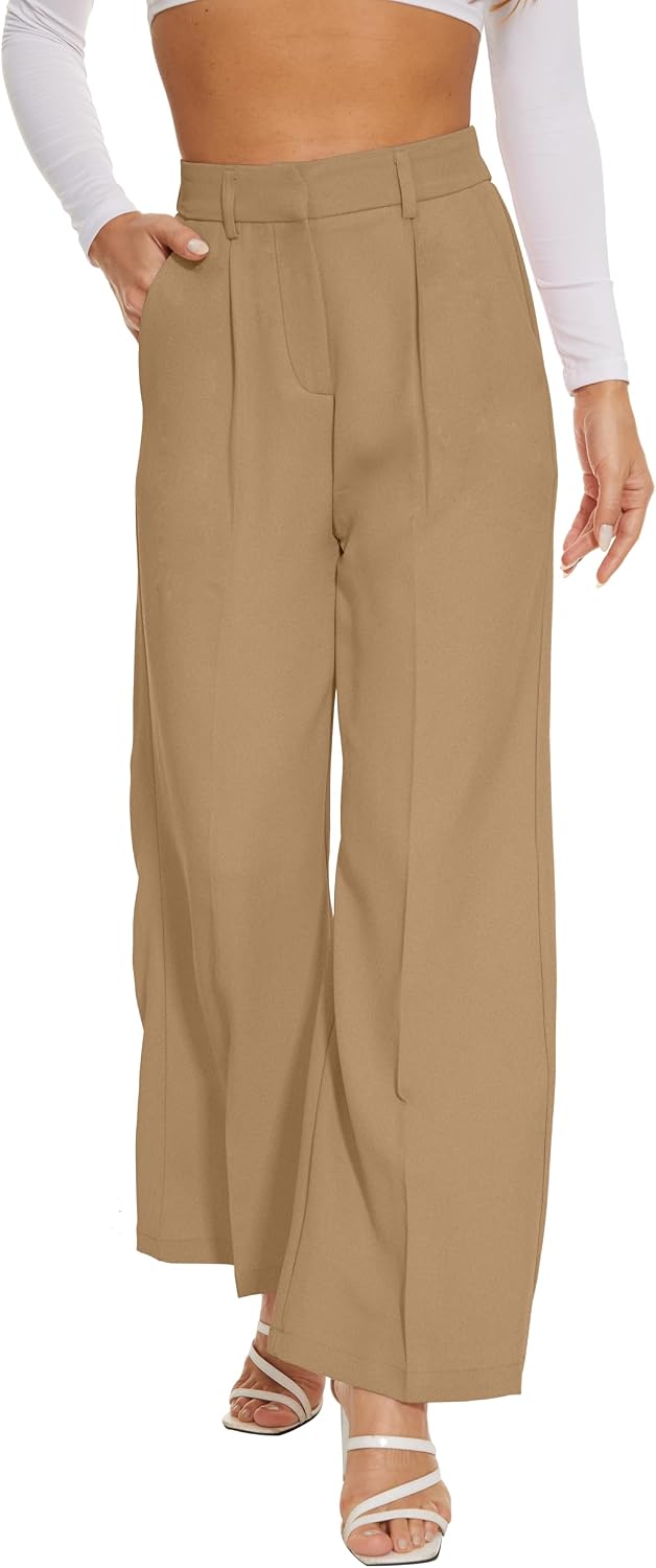 Women's High Waist Wide Leg Work Pants - Loose Office Slacks with Back Elastic Waistband for Business Casual - Small Lon