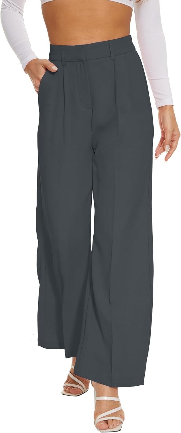 Women's High Waist Wide Leg Work Pants - Loose Office Slacks with Back Elastic Waistband for Business Casual - Medium